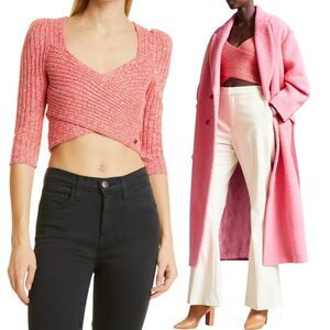 TED BAKER Demie Cross-front Cropped Knitted Top In Marled  Pink S Wool Cashmere